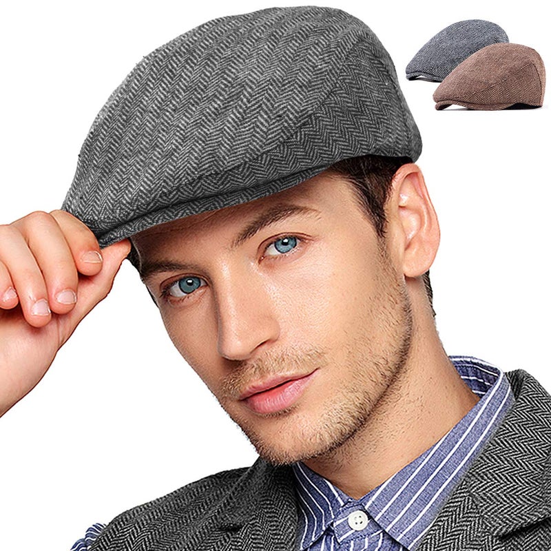 LADYBRO 2 Pack Brown+Grey Ivy Newsboy Cap Cabbie Driving Irish Wool Hat for Men (S/M, 7 1/4) - Image 1